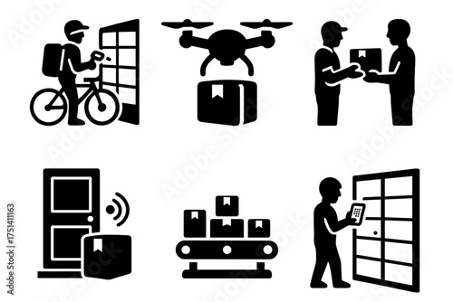 Last-mile delivery and  parcel handoff silhouette set – courier, drone shipping, smart door, locker