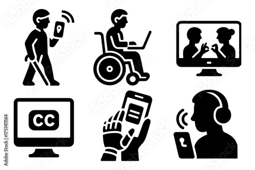 Accessibility and assistive technology silhouette icons ,navigation aid, wheelchair user, sign language, captions, screen reader