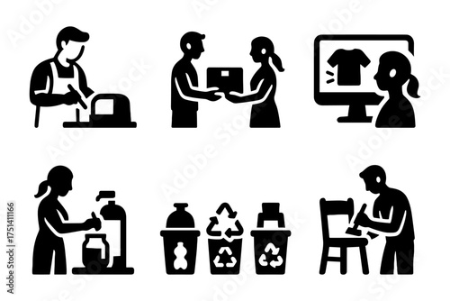 Daily activities and sustainability icons, cooking, delivery, recycling, DIY