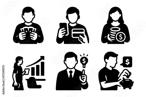 Personal finance actions icons ,cash, card, savings, idea, piggy bank