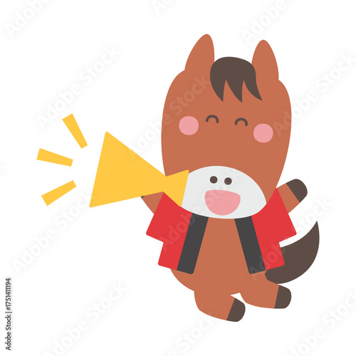メガホンを持ってジャンプしながら呼び込みをする法被姿のかわいい馬のキャラクターイラスト素材