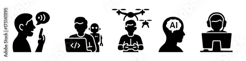 Tech creators and media silhouette set, voice, coding, drone pilot, AI head, gamer
