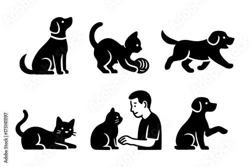 Pets and owners silhouette icons ,dogs and cats play, sit, interact