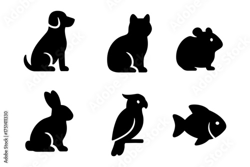 pet animals silhouettes ,dog, cat, mouse, rabbit, parrot, fish
