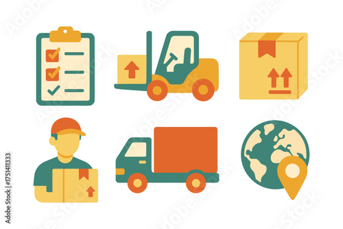 Flat retro delivery and logistics icons , checklist, forklift, parcel box, courier, truck, globe pin