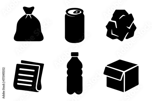 Recycling and waste sorting icons, garbage bag, can, recycle mark, paper, plastic bottle, box