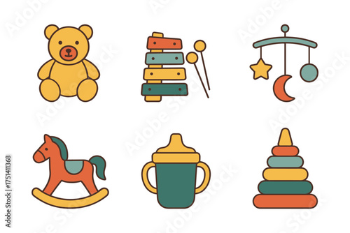Flat retro baby nursery icons ,teddy bear, xylophone, crib mobile, rocking horse, sippy cup