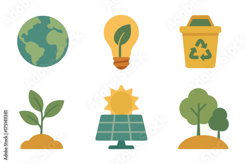 Flat retro eco and sustainability icons ,earth globe, green energy, recycle bin, seedling, solar panel