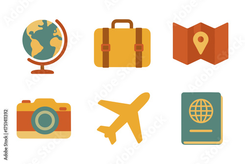 Flat retro travel essentials icons , world globe, suitcase bag, folded map, camera photo, airplane flight, passport