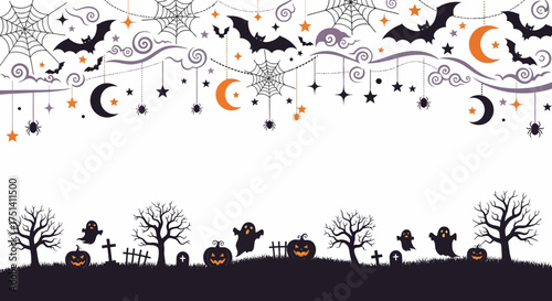 Halloween themed spooky landscape with bats and pumpkins.