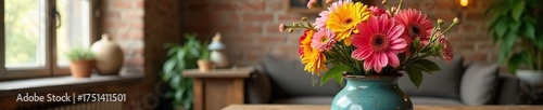 Elegant Rustic Loft Apartment Interior with Vibrant Spring Flowers in Soft Natural Light