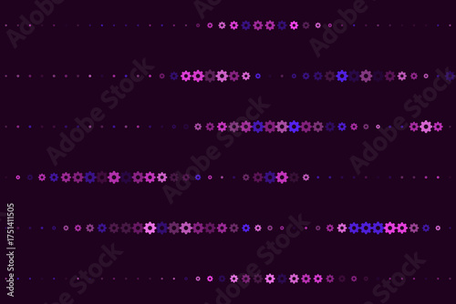 Abstract background with rows of colorful gears and dots creating a dynamic technological pattern in shades of purple, pink, and blue.
