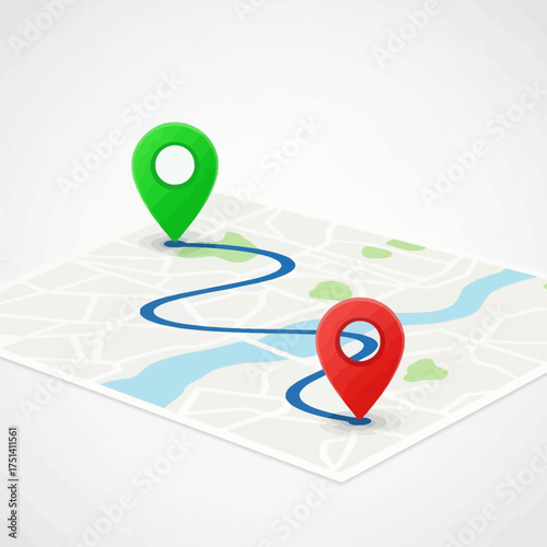 Map with location markers showing a route between two destinations for navigation.