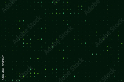 Dark green abstract background with a repeating pattern of illuminated scientific flasks, symbolizing chemistry, technology, and data.