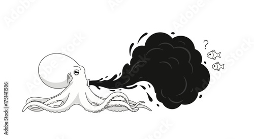 Octopus releasing ink cloud with curious fish observing the scene.