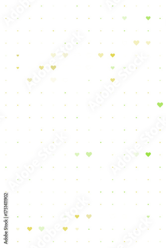 Abstract digital pattern with scattered green and yellow hearts on a dark grid background, symbolizing love and connection.