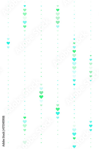 Abstract Digital Pattern of Falling Green and Blue Hearts on a Dark transparent background, Creating a Seamless and Romantic Visual Effect