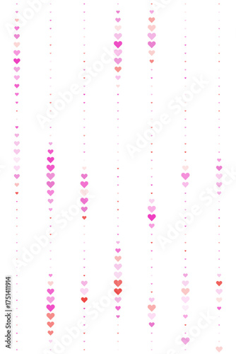 Abstract background with vertical lines of falling pink and purple hearts on a dark black backdrop, perfect for romantic designs and celebrations