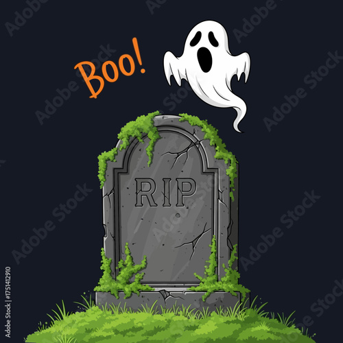 Spooky tombstone with a ghost and the word Boo for Halloween.