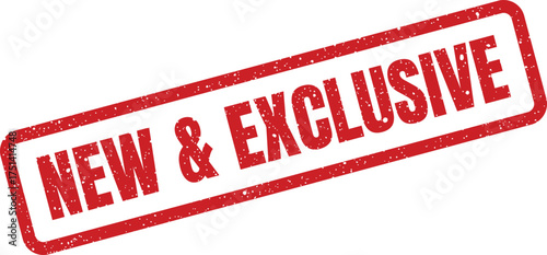 Bold red textured rubber stamp with the impactful text NEW & EXCLUSIVE presented on a slightly angled rectangular mark