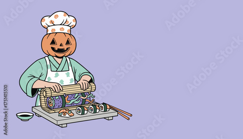 Halloween pumpkin chef making spooky sushi rolls with ghost apron Festive food for celebration