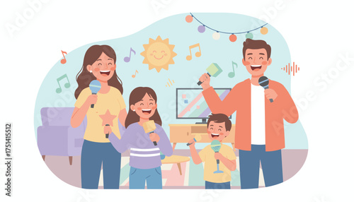 Happy family enjoying karaoke at home singing together for fun and bonding