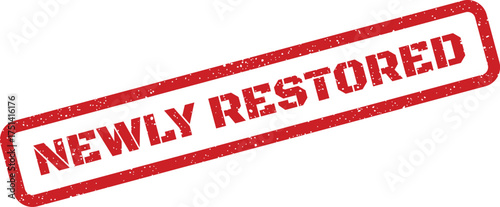 Distressed rectangular rubber stamp showing NEWLY RESTORED text for renovated items or services