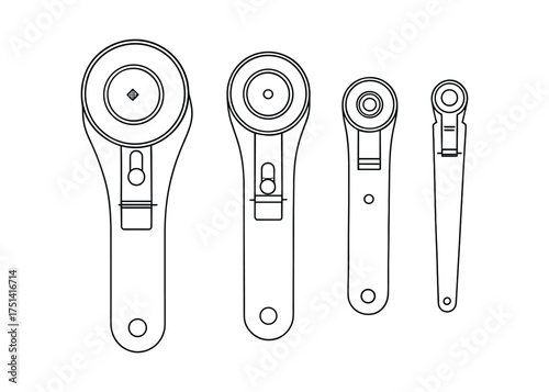 Outline illustration showcasing a set of mechanical ratchet wrenches in varying sizes.