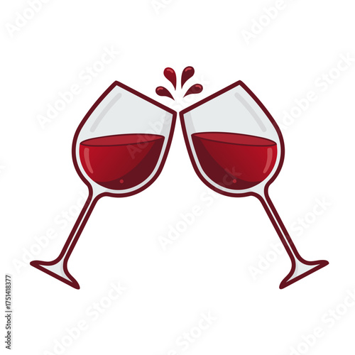 Two red wine glasses clinking with splashes on white background  
