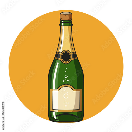 Champagne bottle with cork and bubbles on orange background  