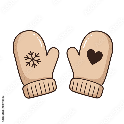 Mittens with snowflake and heart design on white background  