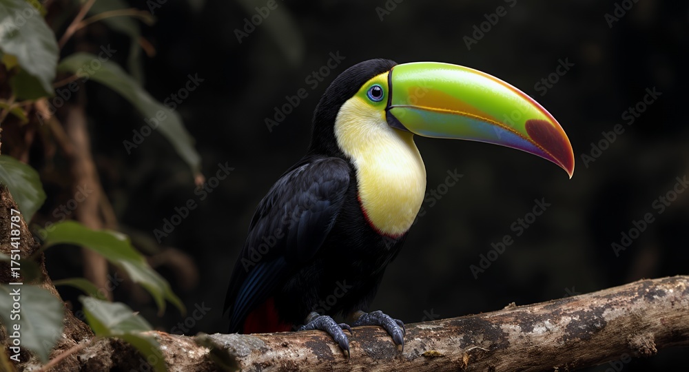Naklejka premium Vibrant Toucan Perched on Branch, Exotic Bird Portrait with Colorful Beak