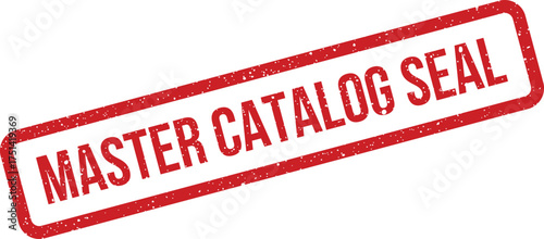 Distressed red rectangular stamp graphic with bold text displaying a master catalog seal for official records