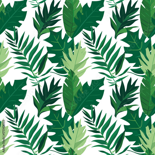 Vibrant tropical foliage pattern featuring various shades of green leaves on a white background.