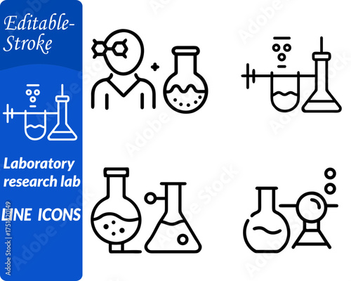 A detailed scientific icon depicting a modern research laboratory setup. featuring microscopes test tubes flasks and molecular structures arranged on a lab bench. The icon symbolizes experimentation.