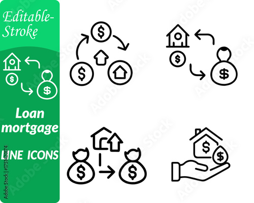 Loan mortgage icon characterized by a house symbol. combined with a dollar sign coins document representing financial agreement and property ownership. Includes subtle elements like a hand offering.