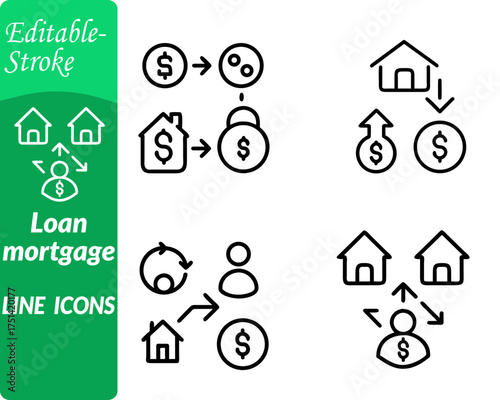 Loan mortgage icon characterized by a house symbol. combined with a dollar sign coins document representing financial agreement and property ownership. Includes subtle elements like a hand offering.