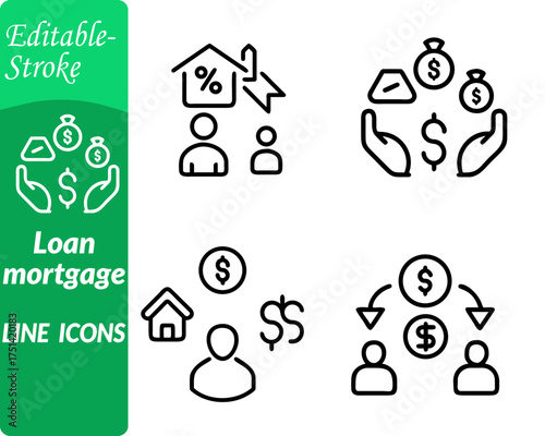Loan mortgage icon characterized by a house symbol. combined with a dollar sign coins document representing financial agreement and property ownership. Includes subtle elements like a hand offering.