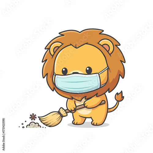 A cute cartoon lion wearing a face mask and overalls is sweeping floor