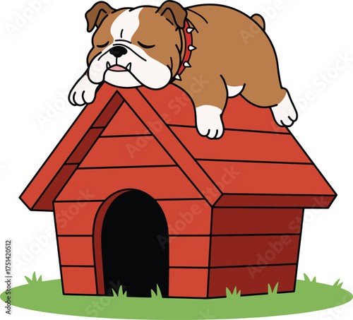 Sleepy Bulldog Napping on a Red Dog House
