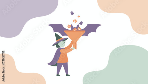 Cute witch collecting Halloween pumpkins and ghosts with a funnel and bat festive design