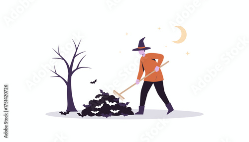 Witch raking bats under a spooky bare tree at night Halloween holiday concept