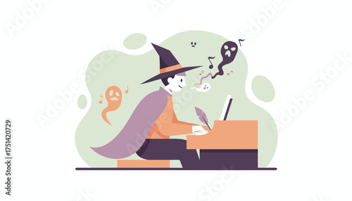 Smiling wizard in a witch hat plays piano creating music with dancing ghosts Halloween concept