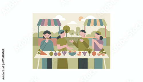 People enjoying fresh produce at an outdoor market promoting healthy lifestyle