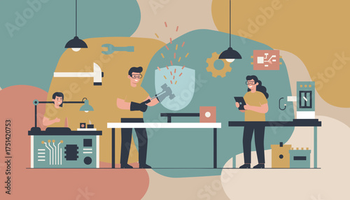 Innovative team designing and building technology in a modern engineering workshop