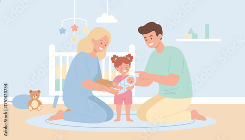 Smiling family introducing new baby in nursery Parenthood sibling bond happy home life concept