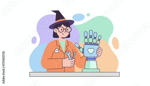 Halloweenthemed tech wizard fixes a robotic hand with care