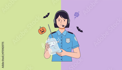 Police officer communicating with walkietalkie during Halloween ensuring public safety and holiday fun