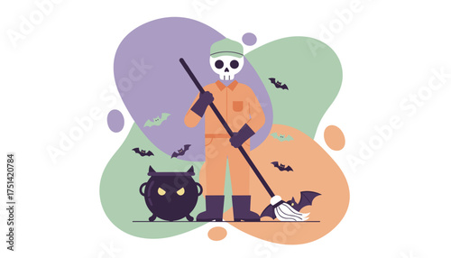 Skeleton cleaner in uniform with mop cauldron and bats Halloween themed maintenance