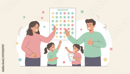 Parents highfive happy children for progress on a colorful star reward chart